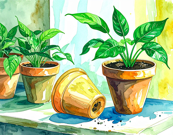 Illustration of houseplants in clay pots. One is on it's side showing a drainage hole to keep plants healthy.