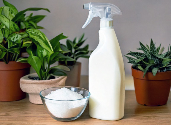 DIY Epsom salt fertilizer spray applied to indoor plant leaves.