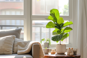 A fiddle head fig in a sunny window in a living room.
