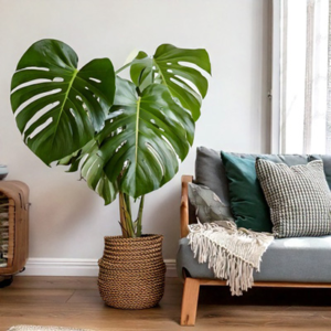 Oversized monstera plant styled as a statement piece in a modern living room as an example of top plant trends of 2025.