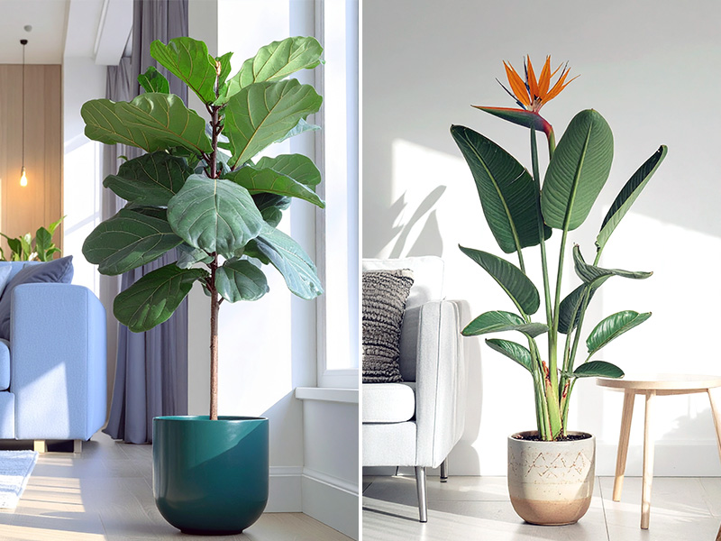 Large fiddle leaf fig in a bold green basket beside a sofa in a bright living room. Bird of paradise plant with lush leaves in front of a sunny window.