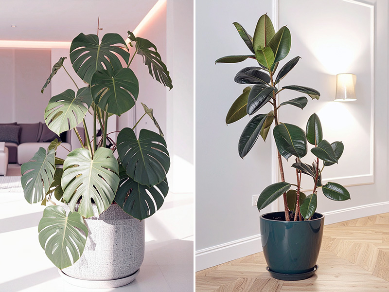 Monstera deliciosa with large fenestrated leaves in living room corner. A Rubber Plant stands tall with it's large, dark, shiny leaves.