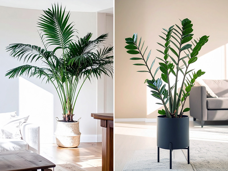 Kentia Palm in a woven basket placed in a high-ceiling living room. The low-maintenance ZZ Plant in a modern planter.