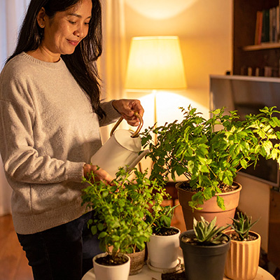 Photo of a smiling women watering her houseplant to illustrate the benefit of houseplants.